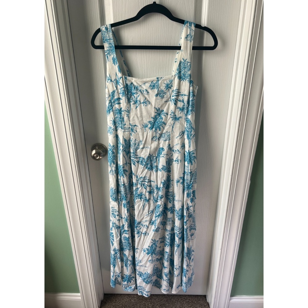 JOIE Linen Blend Toile Print Blue White Midi Dress Sleeveless Size 6
